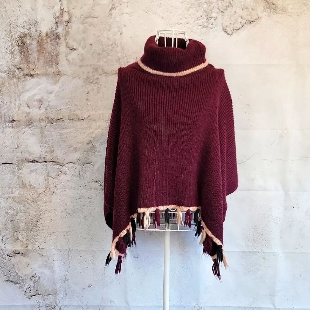 Libby Edelman Burgundy Turtleneck Fringe Sweater Poncho Womens One Size Fits All